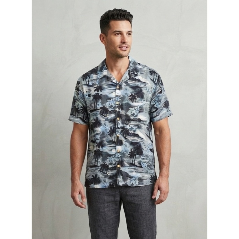 Rock L.A. Tropical Palm Tree Rayon Short Sleeve Hawaiian Button Down Shirt M